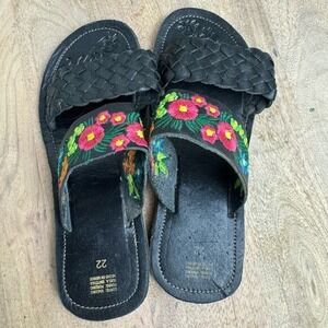 Mexican Huaraches double strap‎ floral leather Black Multi Sandals Womens size 5